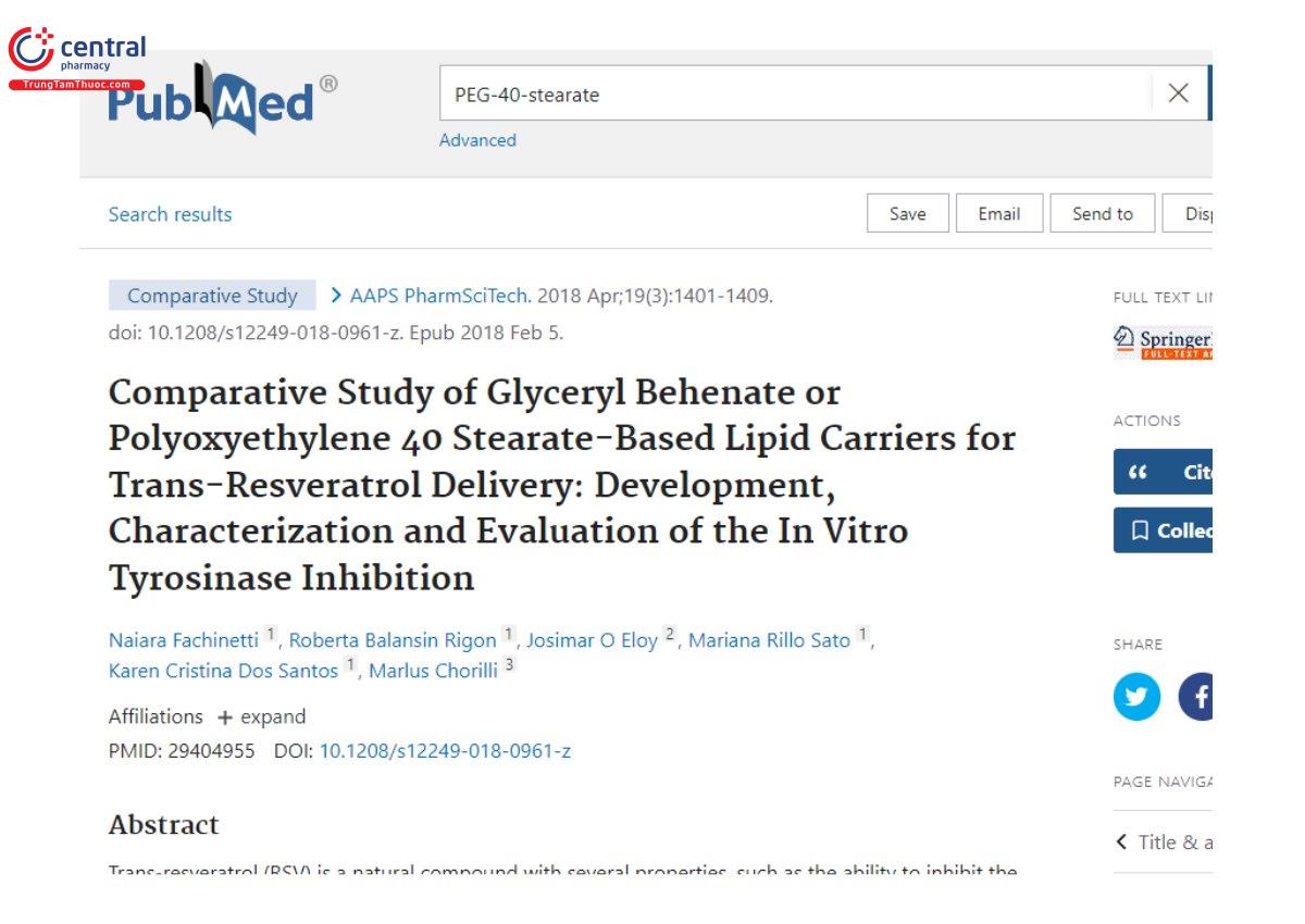 Nghiên cứu: Comparative Study of Glyceryl Behenate or Polyoxyethylene 40 Stearate-Based Lipid Carriers for Trans-Resveratrol Delivery: Development, Characterization and Evaluation of the In Vitro Tyrosinase Inhibition