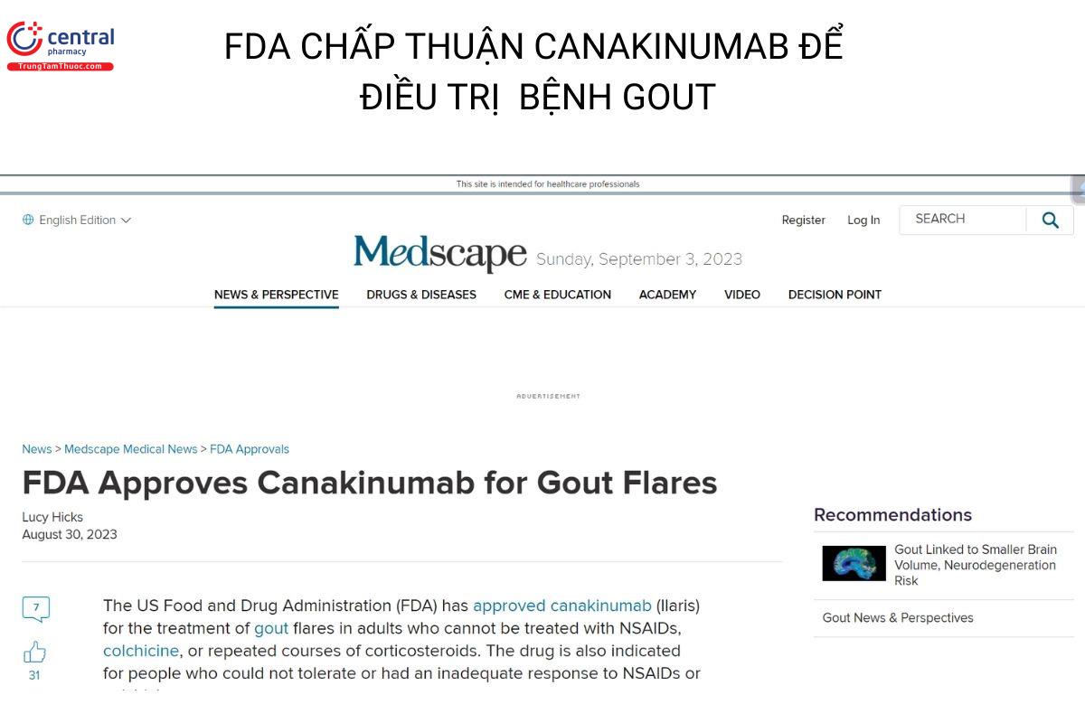 FDA phê duyệt Canakinumab để điều trị bệnh gout