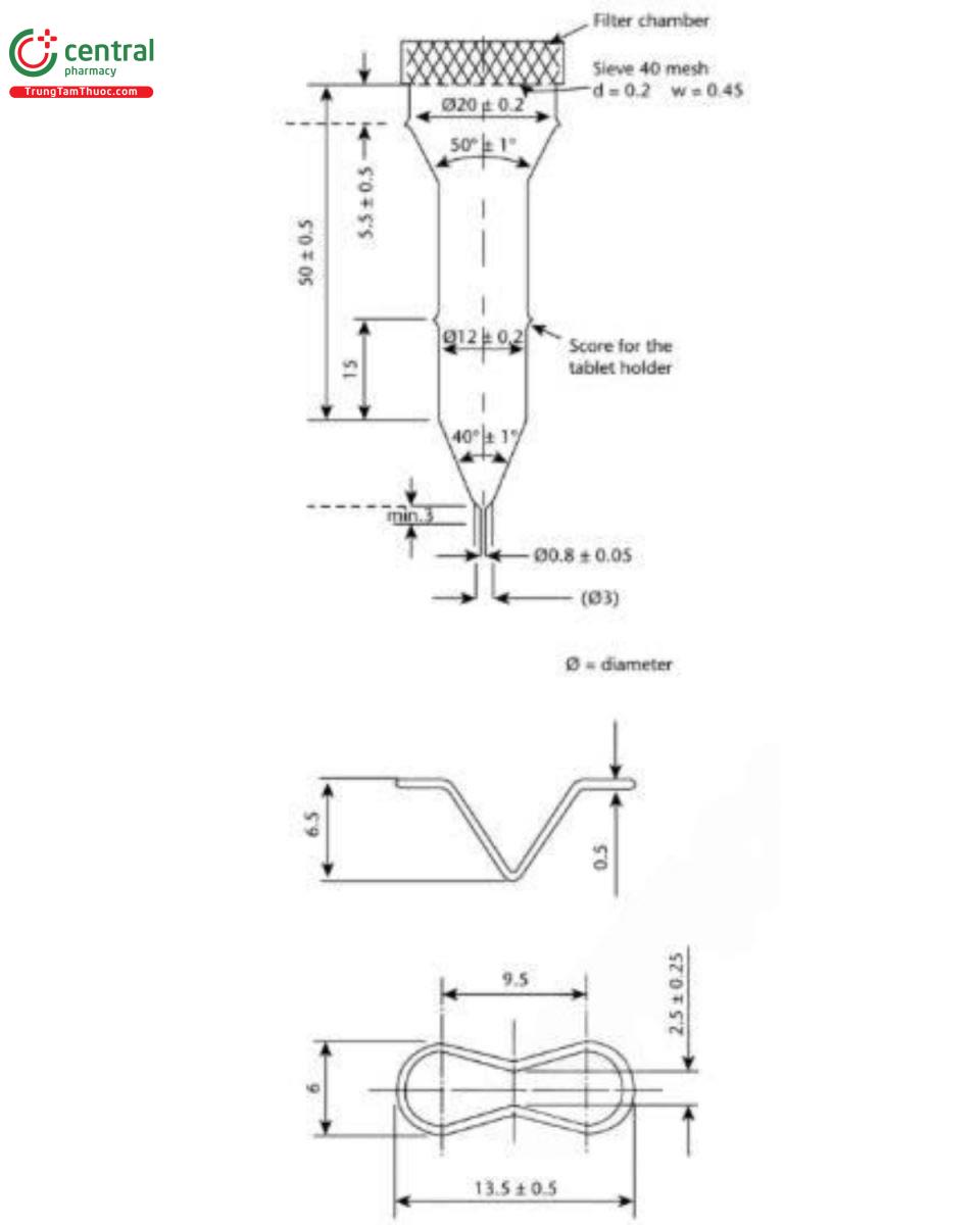 Figure 5. Apparatus 4: small cell for tablets and capsules (top); tablet holder for the small cell (bottom). (All measurements are expressed  in millimeters unless noted otherwise.)