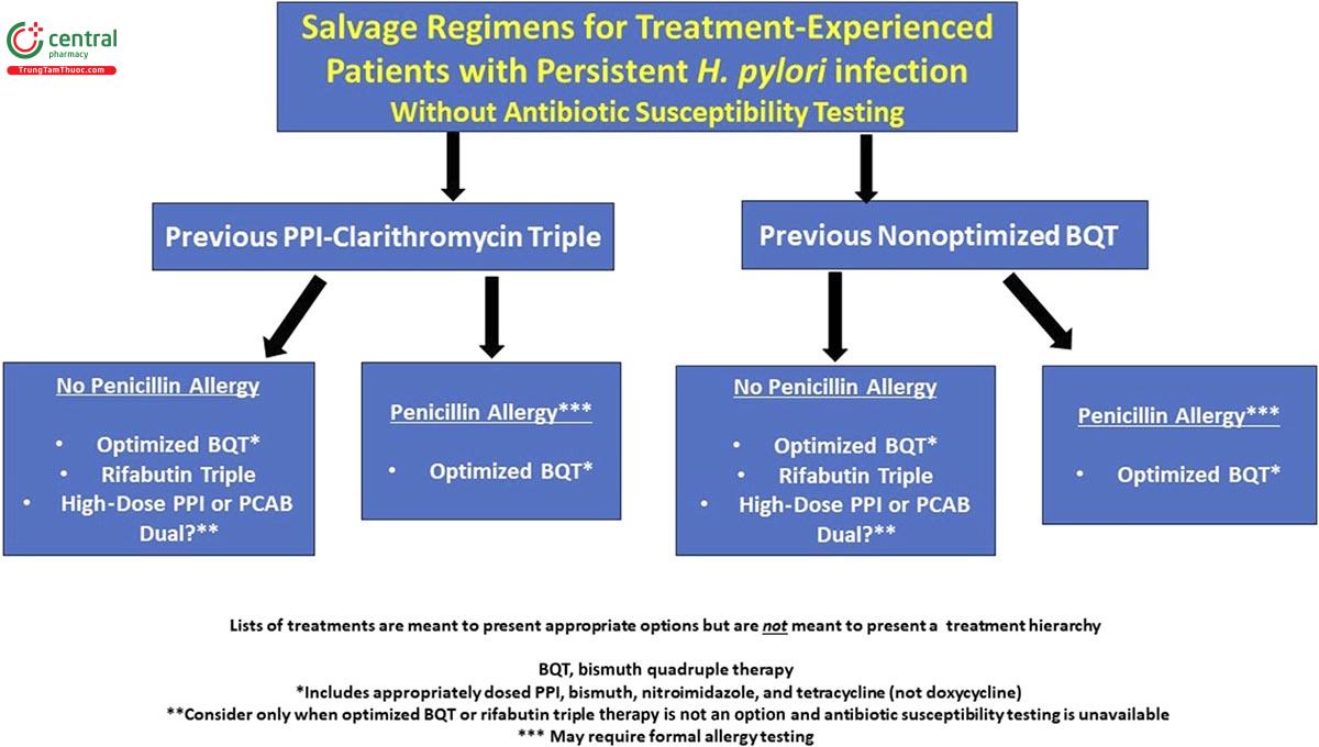 Empiric salvage regimens for treatment-experienced patients with persistent H. pylori infection (no antibiotic susceptibility testing).