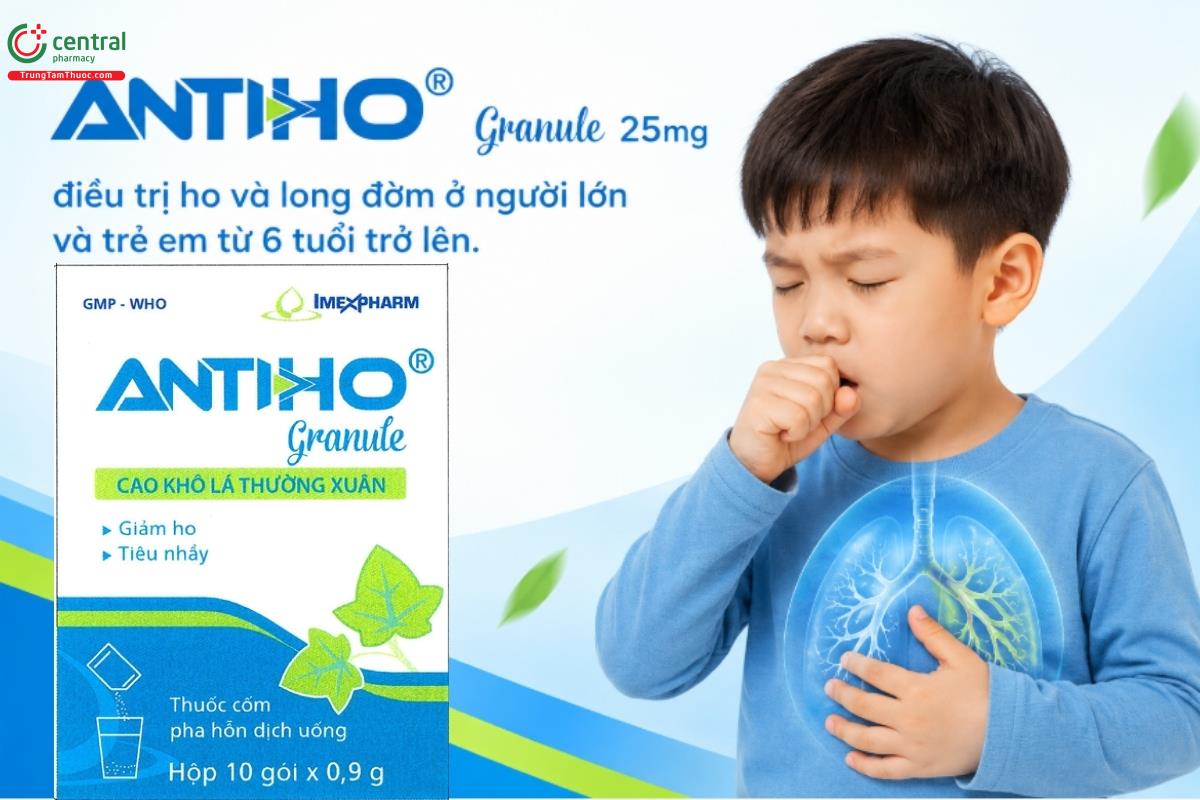 Thuốc ANTIHO Granule 25mg điều trị ho và long đờm ở người lớn và trẻ em từ 6 tuổi trở lên.