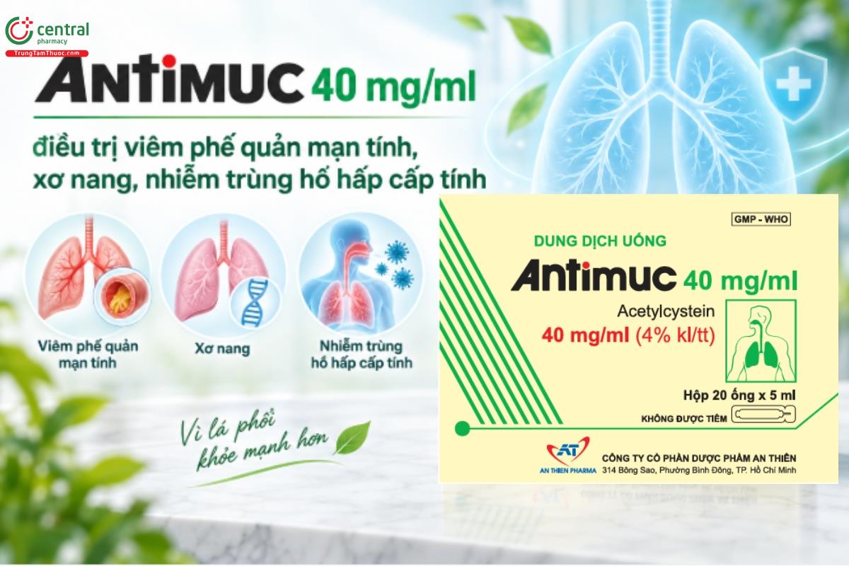 Thuốc ANTIMUC 40 mg/ml điều trị viêm phế quản mạn tính, xơ nang, nhiễm trùng hô hấp cấp tính