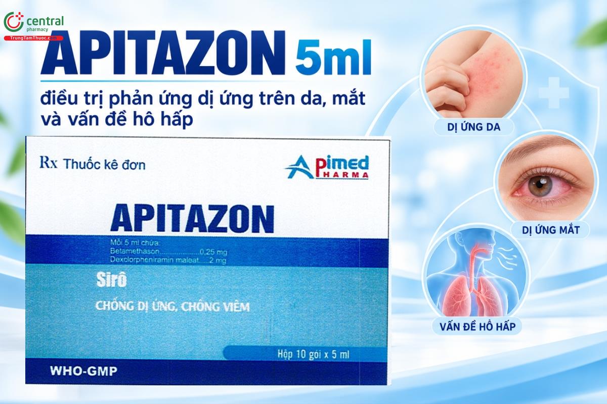 Thuốc APITAZON 5ml điều trị phản ứng dị ứng trên da, mắt và vấn đề hô hấp