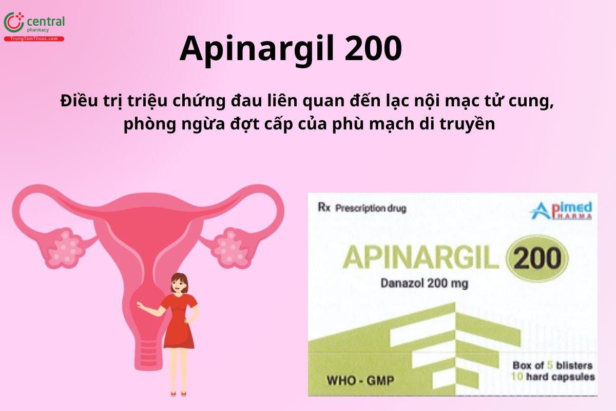 Apinargil 200 được sử dụng để điều trị triệu chứng đau liên quan đến lạc nội mạc tử cung, phòng ngừa đợt cấp của phù mạch di truyền.