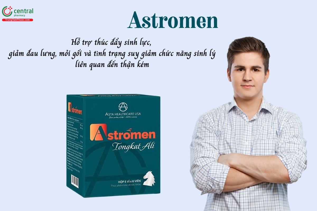 Astromen hỗ trợ thúc đẩy sinh lực, góp phần làm giảm các biểu hiện đau lưng, mỏi gối và tình trạng suy giảm chức năng sinh lý liên quan đến thận kém