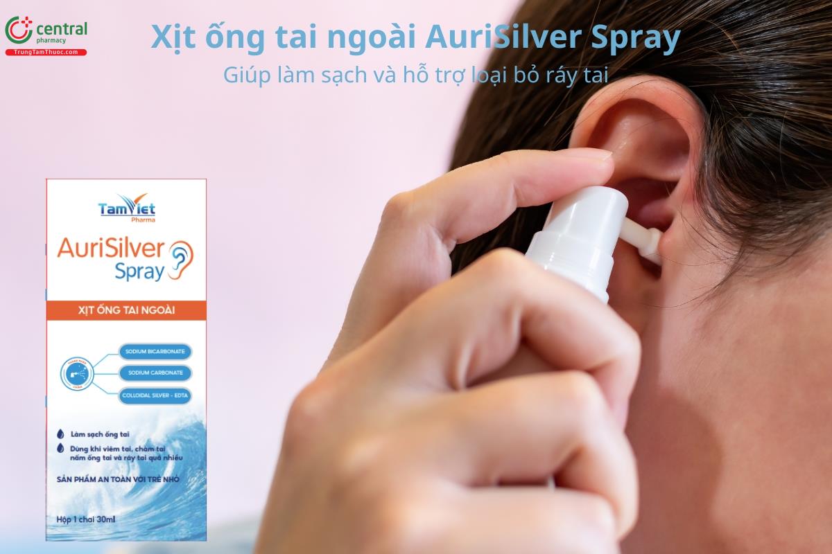 Xịt ống tai ngoài AuriSilver Spray giúp làm sạch và hỗ trợ loại bỏ ráy tai