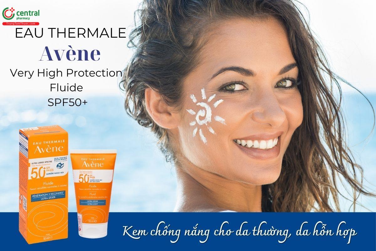 Kem chống nắng Eau Thermale Avène Very High Protection Fluide SPF50+ cung cấp màng bảo vệ vững chắc trước tia UVA, UVB và ánh sáng xanh cường độ cao (HEV Blue Light).