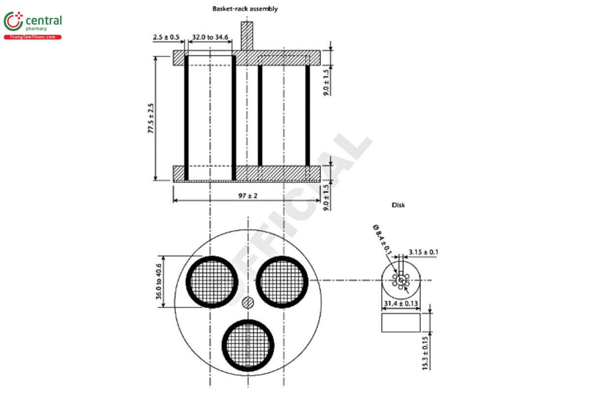 Figure 1. Basket-rack assembly, Disintegration, Apparatus B (dimensions in mm).