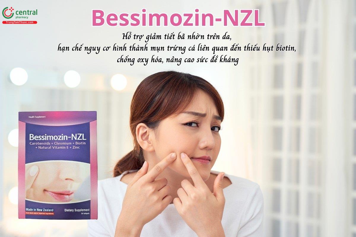 Bessimozin-NZL hỗ trợ giảm tiết bã nhờn trên da, hạn chế nguy cơ hình thành mụn trứng cá liên quan đến thiếu hụt biotin, chống oxy hóa, nâng cao sức đề kháng