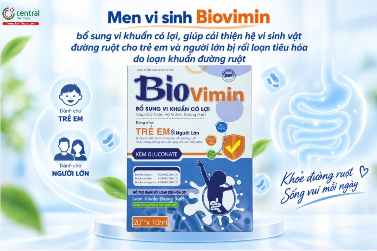 Men vi sinh Biovimin bổ sung vi khuẩn có lợi, giúp cải thiện hệ vi sinh vật đường ruột cho trẻ em và người lớn bị rối loạn tiêu hóa do loạn khuẩn đường ruột