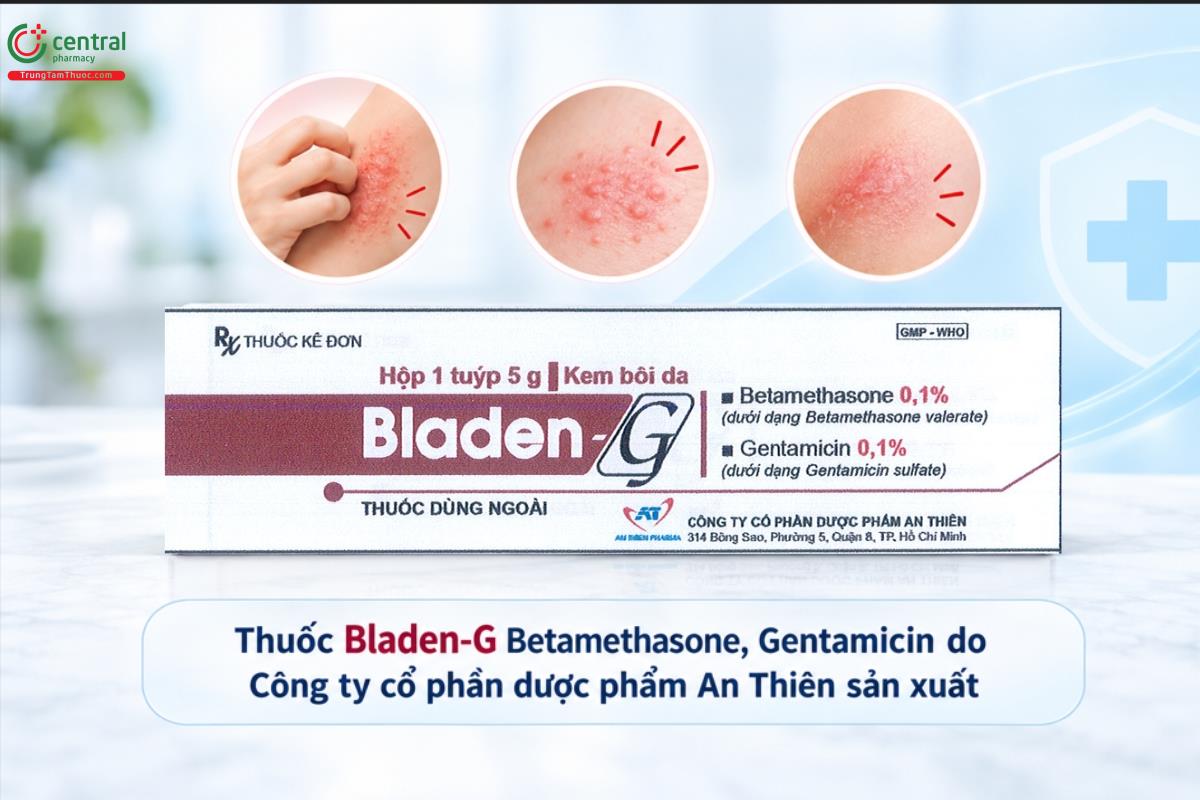 Thuốc Bladen-G điều trị bệnh viêm da dị ứng hoặc viêm nhiễm thứ phát đáp ứng với liệu pháp corticosteroid như viêm da tiếp xúc, viêm da tiết bã, viêm da thần kinh, hăm da, viêm da tróc vẩy