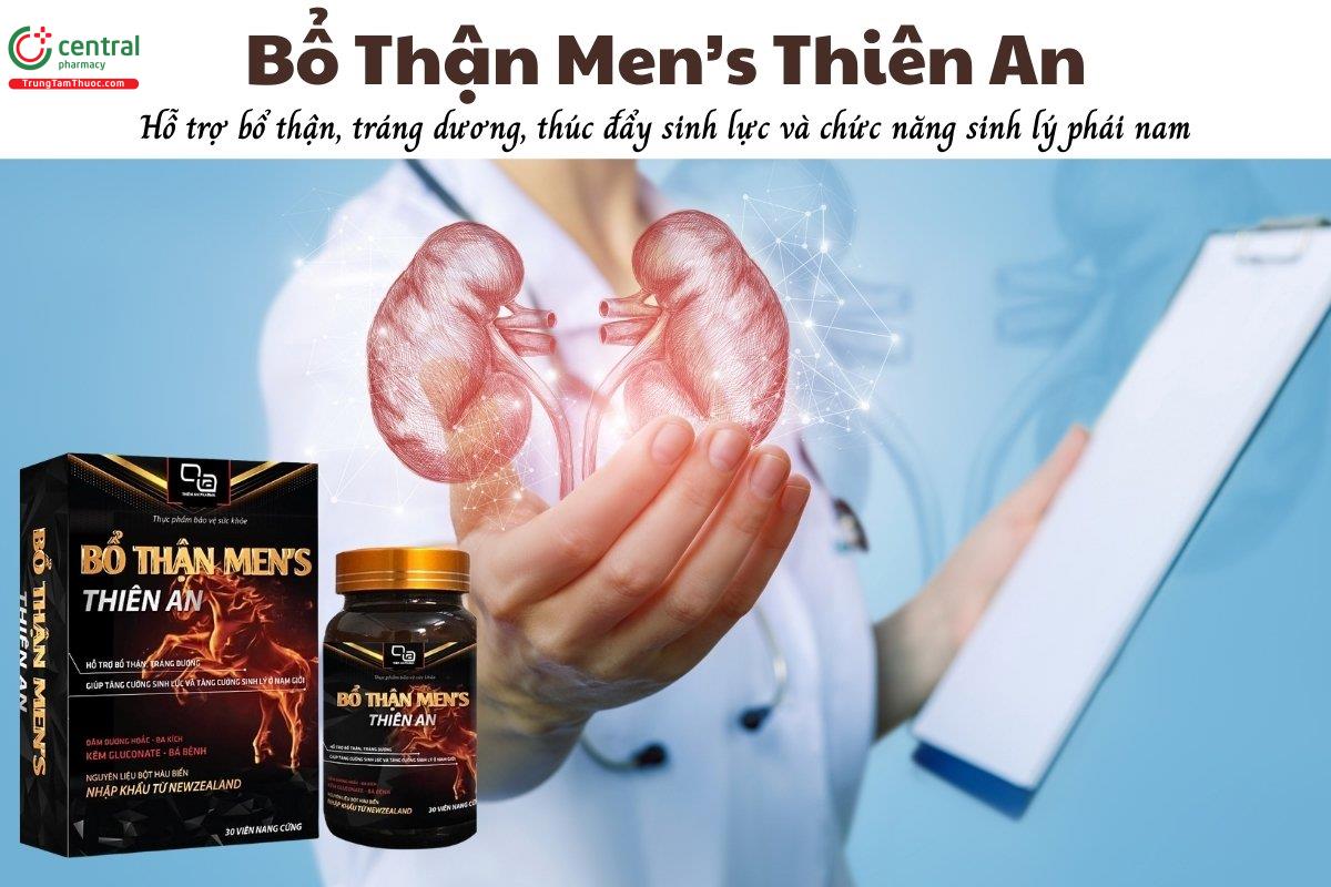 Bổ Thận Men’s Thiên An hỗ trợ bổ thận, tráng dương, góp phần thúc đẩy sinh lực và chức năng sinh lý phái nam, hạn chế đau lưng, mỏi gối, tiểu đêm nhiều lần