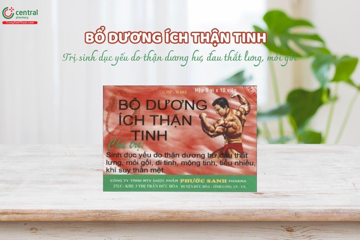 Bổ dương ích thận tinh được dùng trong trường hợp sinh dục suy yếu do thận dương hư, biểu hiện qua các triệu chứng như đau lưng, mỏi gối, di tinh, mộng tinh, tiểu nhiều lần.