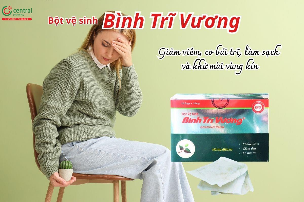 Bột vệ sinh Bình Trĩ Vương giúp giảm viêm, co búi trĩ, làm sạch và khử mùi vùng kín