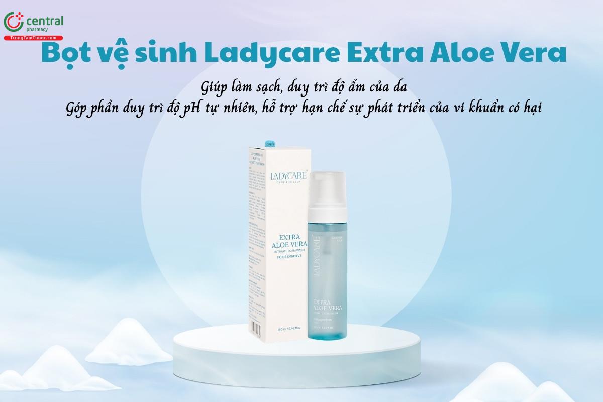 Bọt vệ sinh Ladycare Extra Aloe Vera giúp làm sạch, duy trì độ ẩm của da, góp phần duy trì độ pH tự nhiên, hỗ trợ hạn chế sự phát triển của vi khuẩn có hại