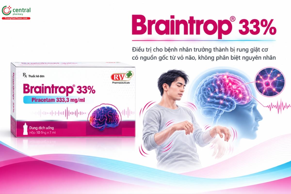 Thuốc Braintrop 33% điều trị cho bệnh nhân trưởng thành bị rung giật cơ có nguồn gốc từ vỏ não, không phân biệt nguyên nhân