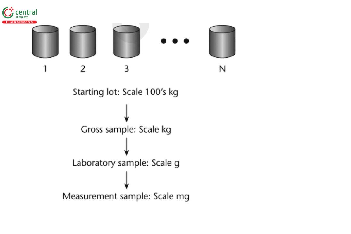 Figure 1. Overall sampling strategy for reducing the sample size from the hundreds of kg scale to the mg scale.