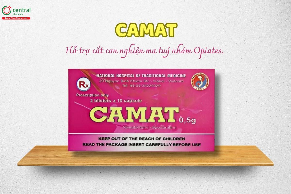 Viên uống Camat là thuốc có chứa các thành phần thảo dược như Cà độc dược, Mã tiền chế, Sa sâm, có tác dụng hỗ trợ điều trị cắt cơn nghiện ma túy nhóm Opiates.