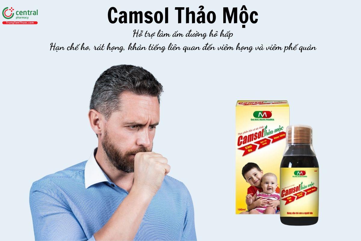 Camsol Thảo Mộc có tác dụng hỗ trợ làm ấm đường hô hấp, góp phần hạn chế ho, rát họng, khản tiếng liên quan đến viêm họng và viêm phế quản