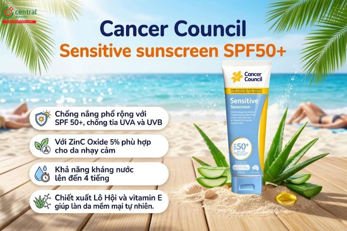 Kem chống nắng Cancer Council Sensitive sunscreen SPF50+ giúp bảo vệ da