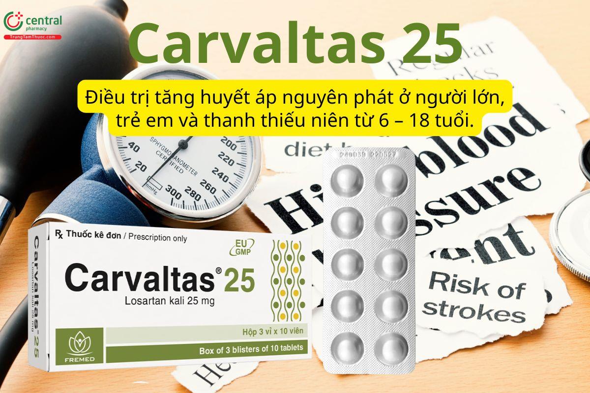Carvaltas 25mg điều trị tăng huyết áp nguyên phát ở người lớn và trẻ em từ 6 tuổi