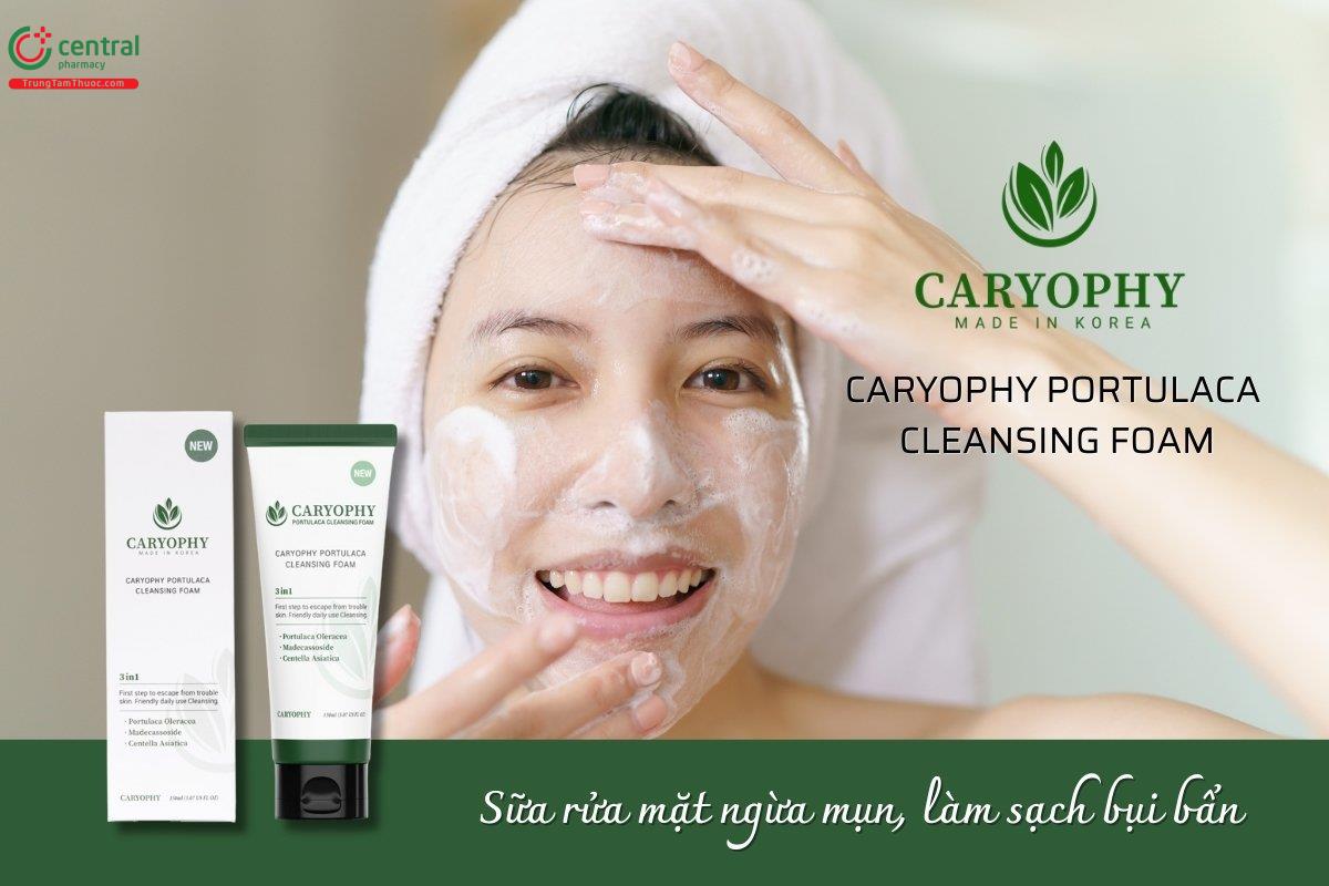 Sữa rửa mặt Caryophy Portulaca Cleansing Foam giúp loại bỏ bụi bẩn và lớp trang điểm, làm sạch da, giúp lỗ chân lông thông thoáng và hỗ trợ hấp thụ dưỡng chất chăm sóc da.