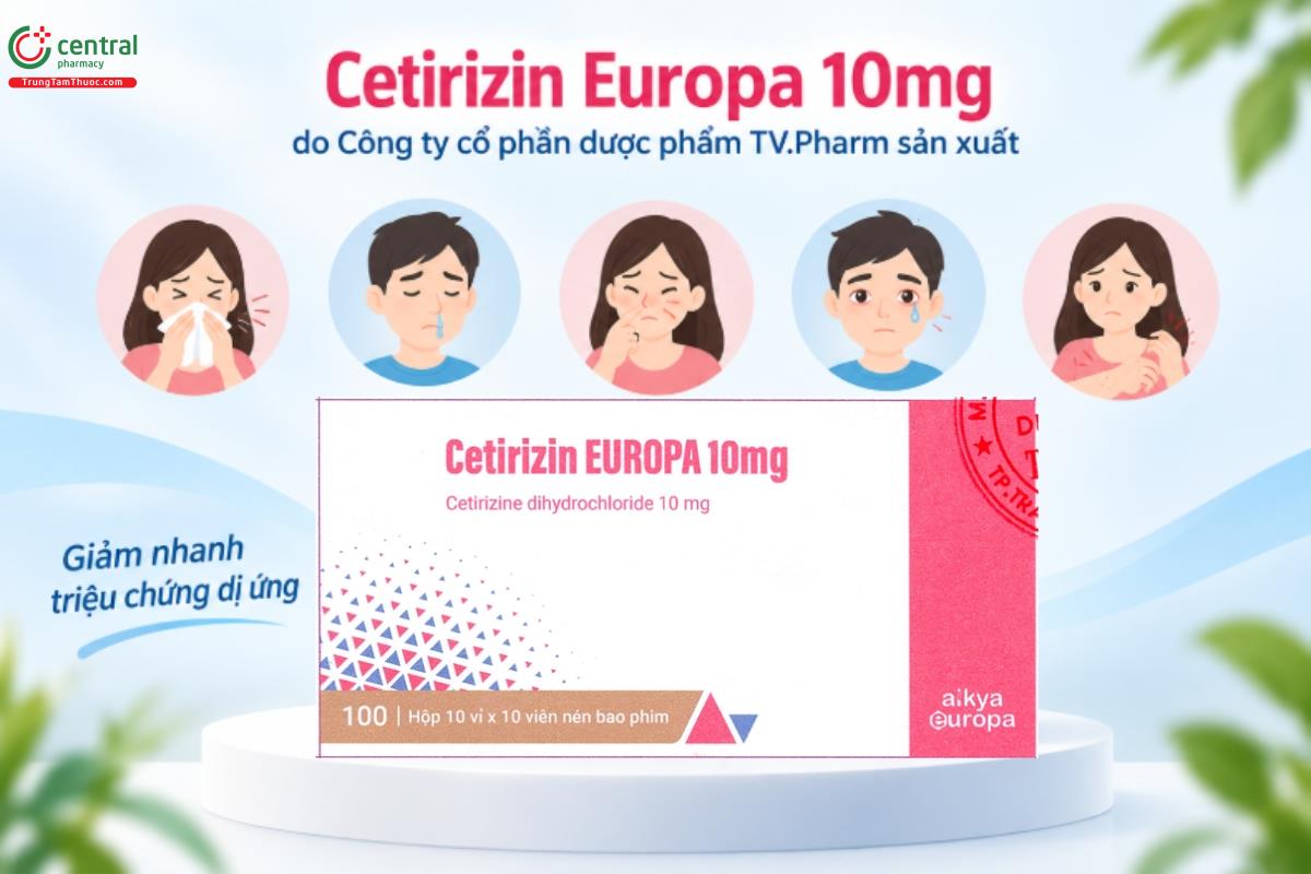 Thuốc Cetirizin Europa 10mg làm giảm triệu chứng dị ứng theo mùa và viêm mũi quanh năm, mày đay mạn tính