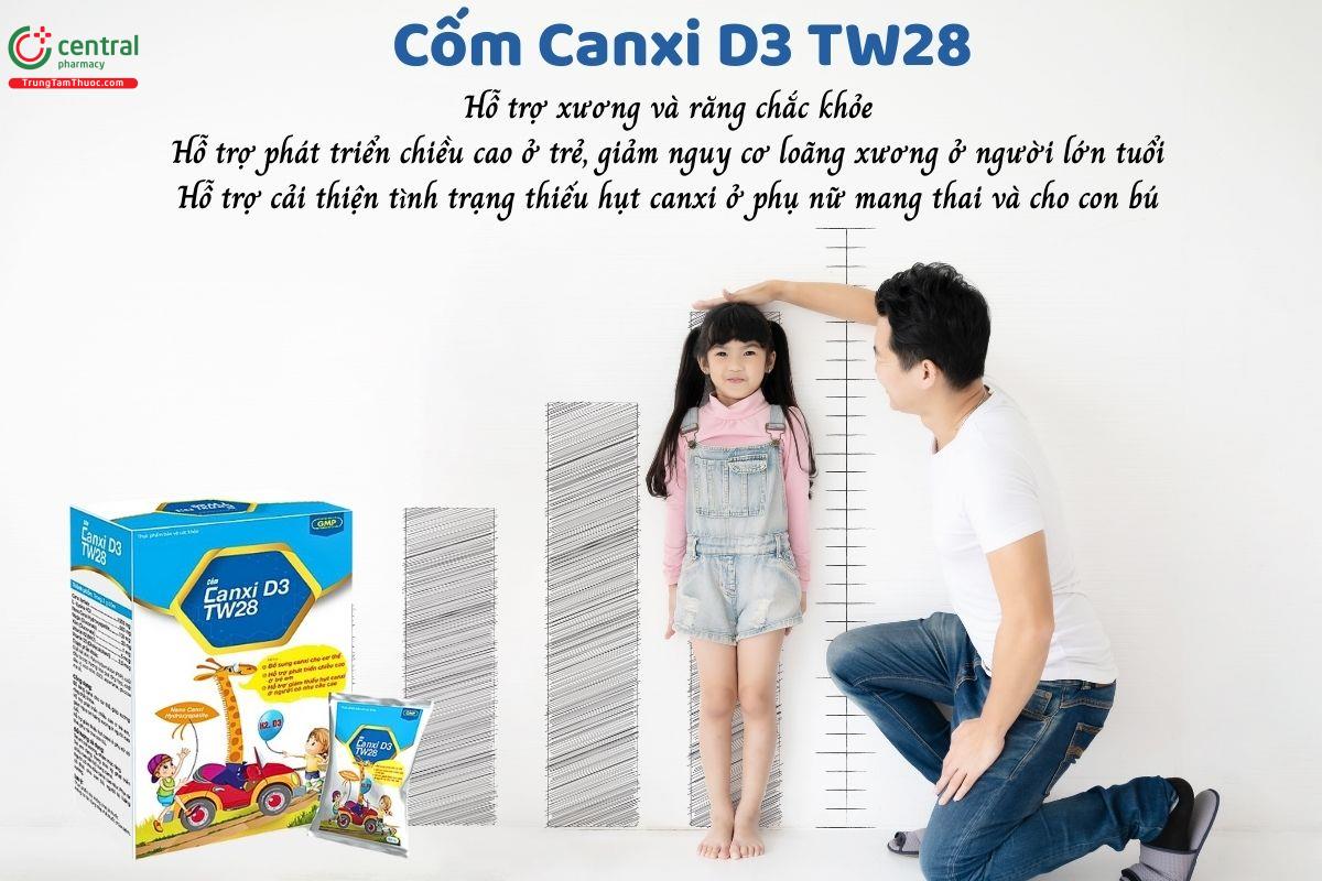 Cốm Canxi D3 TW28 hỗ trợ xương, răng chắc khỏe, phát triển chiều cao ở trẻ, giảm nguy cơ loãng xương ở người lớn tuổi, giảm thiếu hụt canxi ở mẹ bầu, cho bé bú