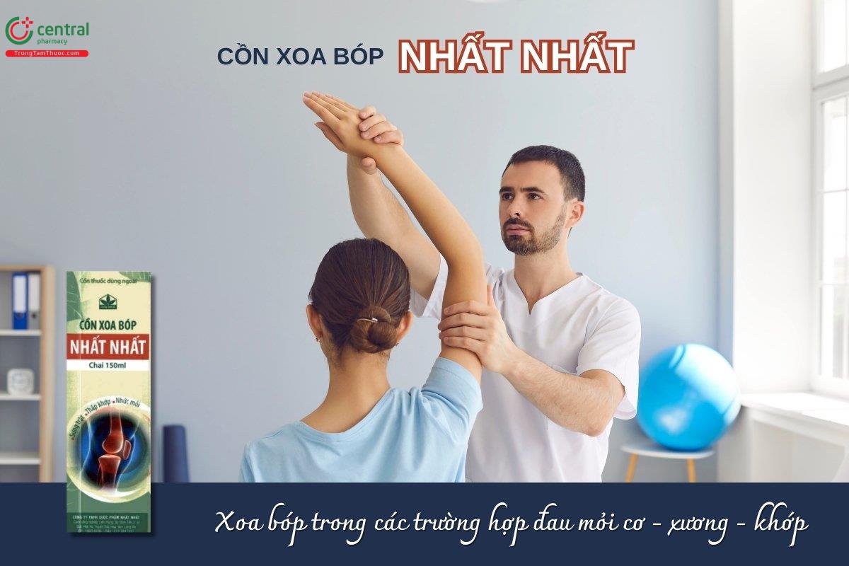Cồn xoa bóp Nhất Nhất sử dụng để xoa bóp hỗ trợ giảm đau trong các tình trạng như đau nhức cơ bắp, xương khớp, tổn thương do va chạm hoặc vận động mạnh, bong gân,...