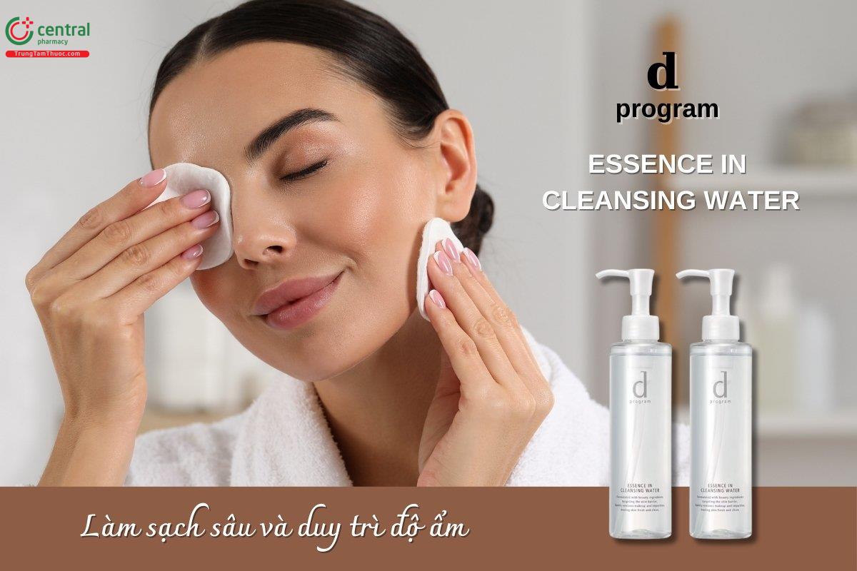 Nước tẩy trang dưỡng da D Program Essence In Cleansing Water dạng gel lỏng giúp loại bỏ nhẹ nhàng lớp trang điểm và bụi bẩn, đồng thời cấp ẩm cho làn da luôn mềm mại.