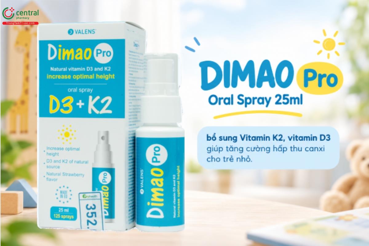 DIMAO Pro Oral Spray 25ml bổ sung Vitamin K2, vitamin D3 giúp tăng cường hấp thu canxi cho trẻ nhỏ như trẻ em còi xương, chậm phát triển răng, chậm phát triển chiều cao do hấp thu canxi