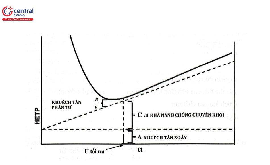 Hình 1.6. Biểu đồ Van Deemter biểu diễn ảnh hưởng của các hiệu ứng tới hiệu năng cột dưới tác động của tốc độ pha động (xác định u tối ưu)