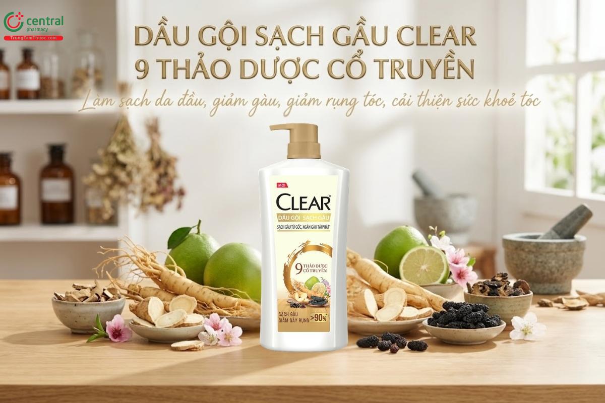 Dầu Gội Sạch Gàu CLEAR 9 Thảo Dược Cổ Truyền 630g giảm gàu, giảm gãy rụng