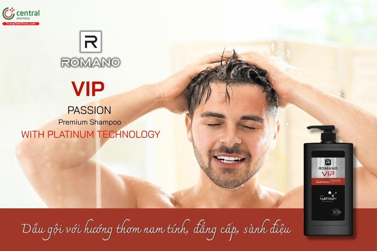 Dầu gội Romano Vip Passion Premium Shampoo hương nước hoa sang trọng, có công dụng làm sạch sâu, loại bỏ bụi bẩn và bã nhờn, mang lại cảm giác thoải mái cho da đầu.