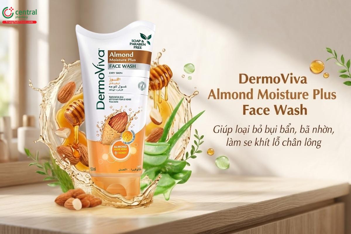 Sữa rửa mặt DermoViva Almond Moisture Plus làm sạch bụi bẩn và dầu thừa