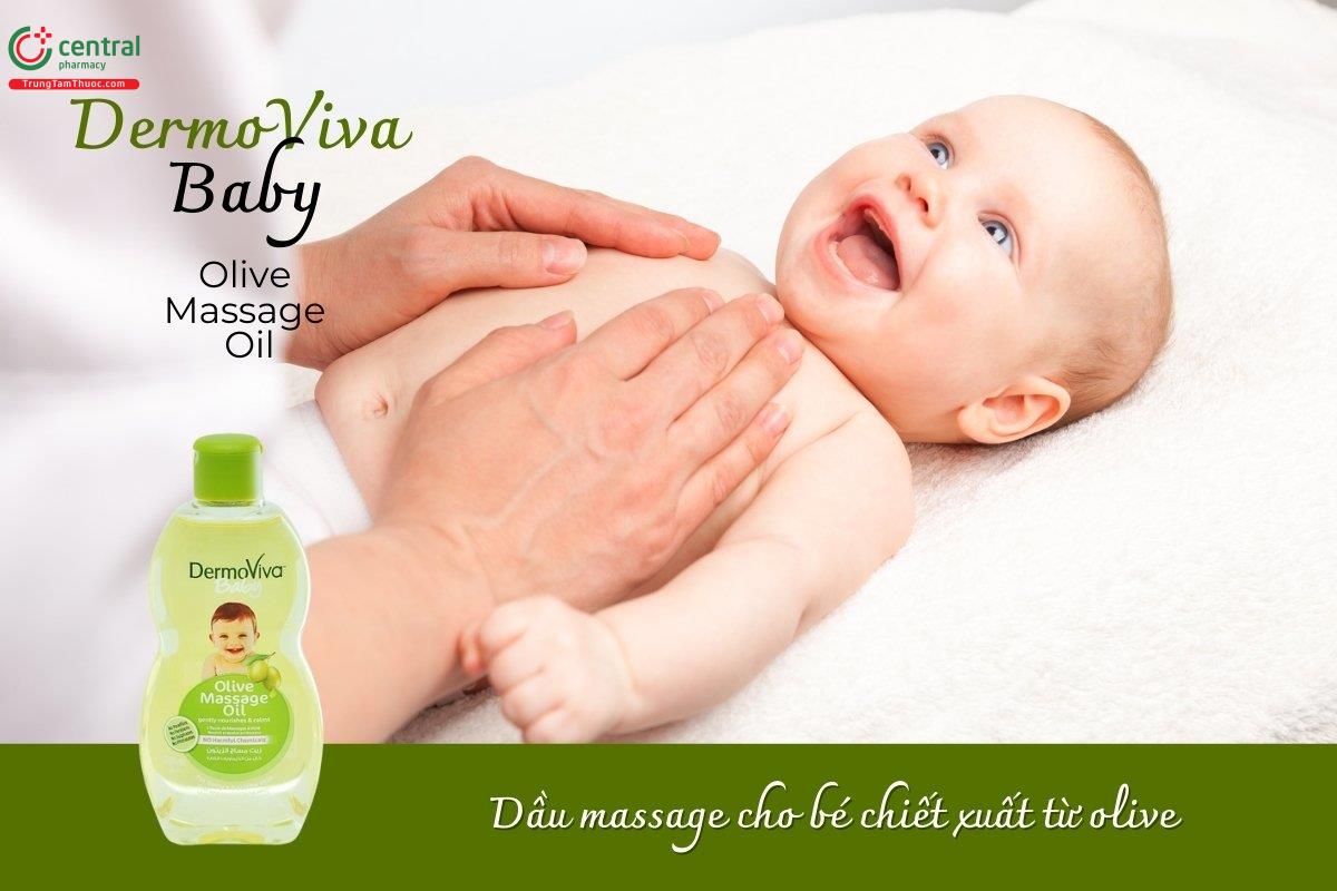 Dầu massage cho bé DermoViva Baby Olive sử dụng để mát-xa toàn thân cho bé, giúp làn da bé luôn mềm mịn, dịu nhẹ, mang lại cảm giác thư giãn, hỗ trợ bé ngủ ngon hơn.