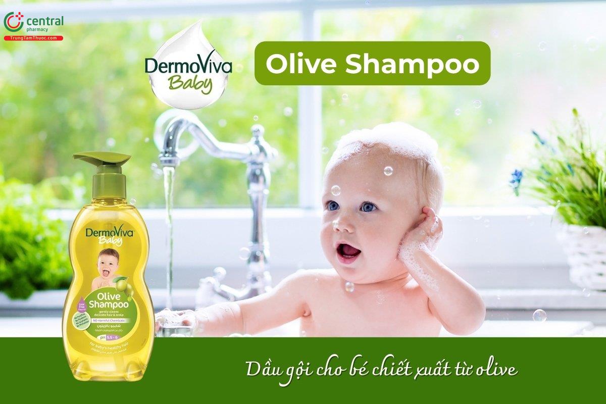 Dầu gội cho bé Dermoviva Baby Olive Shampoo với công thức dịu nhẹ chứa dầu ô liu nguyên chất, giúp nuôi dưỡng tóc trẻ em một cách nhẹ nhàng mà không gây cay mắt.