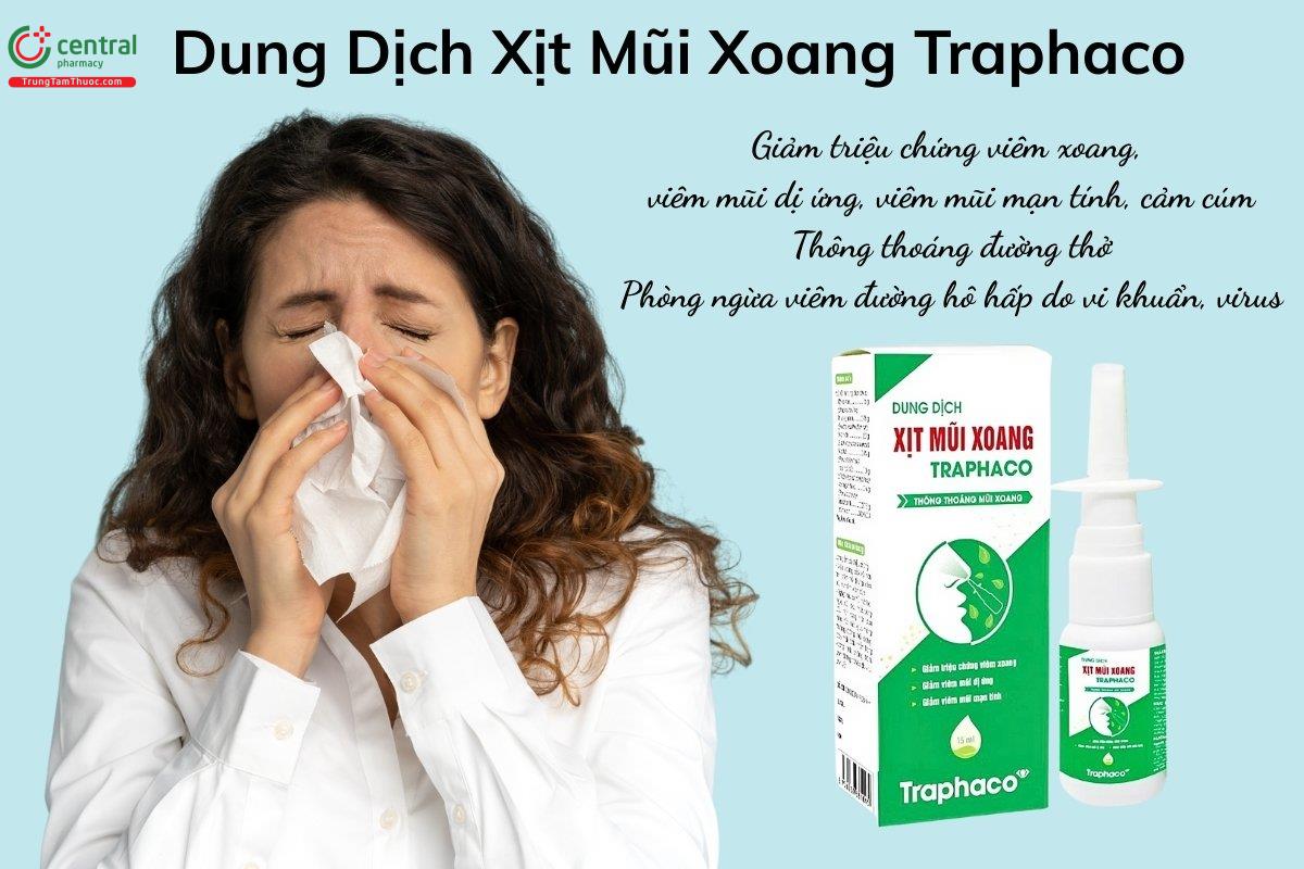 Dung dịch xịt mũi xoang Traphaco giúp giảm triệu chứng viêm xoang, viêm mũi dị ứng, viêm mũi mạn tính, cảm cúm, phòng ngừa viêm đường hô hấp do vi khuẩn, virus