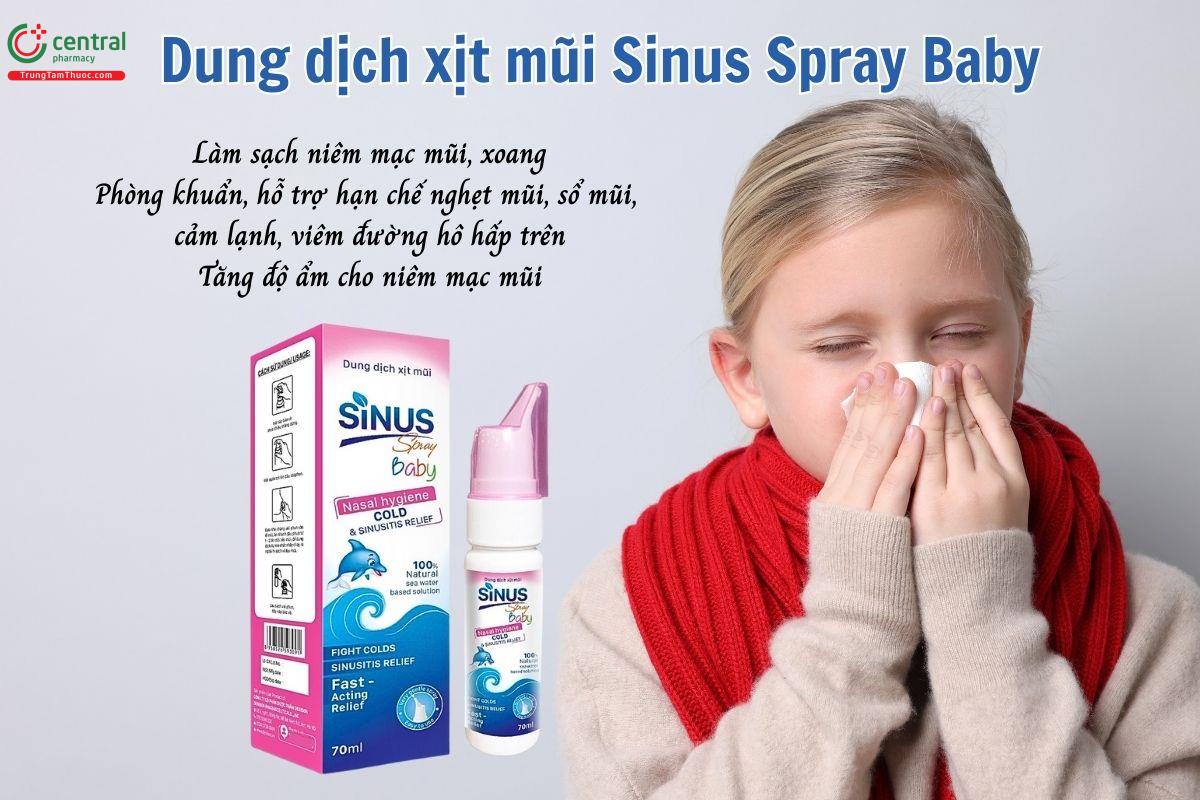 Dung dịch xịt mũi Sinus Spray Baby giúp làm sạch niêm mạc mũi, xoang và hỗ trợ loại bỏ dịch nhầy, bụi bẩn trong mũi và giúp thông thoáng mũi, phòng khuẩn