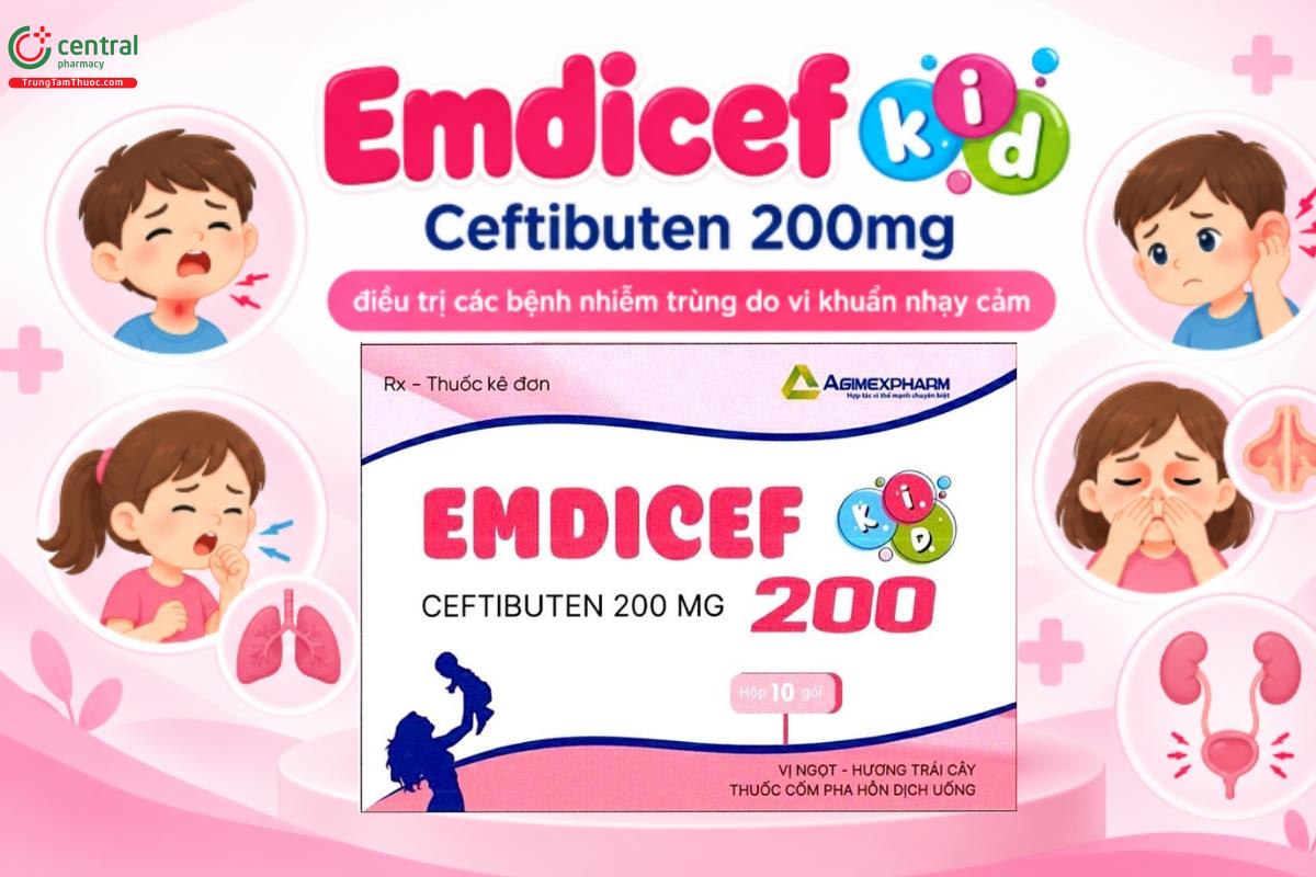 Thuốc Emdicef kid Ceftibuten 200mg điều trị các bệnh nhiễm trùng do vi khuẩn nhạy cảm như viêm họng, viêm amidan