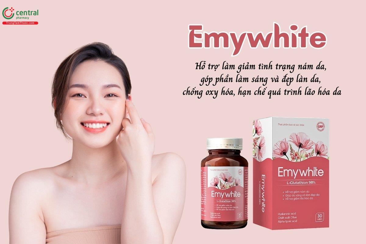 Emywhite hỗ trợ làm giảm tình trạng nám da, góp phần làm sáng và đẹp làn da, chống oxy hóa, hạn chế quá trình lão hóa da, giảm nếp nhăn, cải thiện độ đàn hồi da