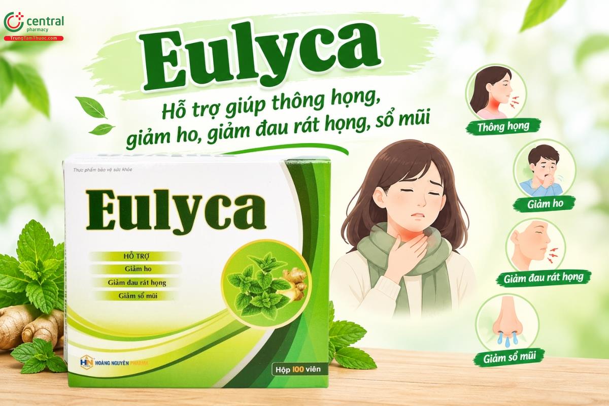 Eulyca hỗ trợ giúp thông họng, giảm ho, giảm đau rát họng, sổ mũi 
