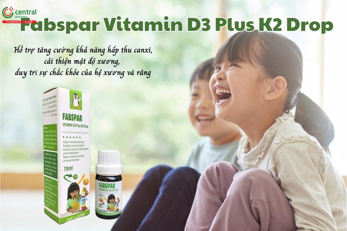Fabspar Vitamin D3 Plus K2 Drop hỗ trợ tăng cường khả năng hấp thu canxi của cơ thể, cải thiện mật độ xương, duy trì sự chắc khỏe của hệ xương và răng