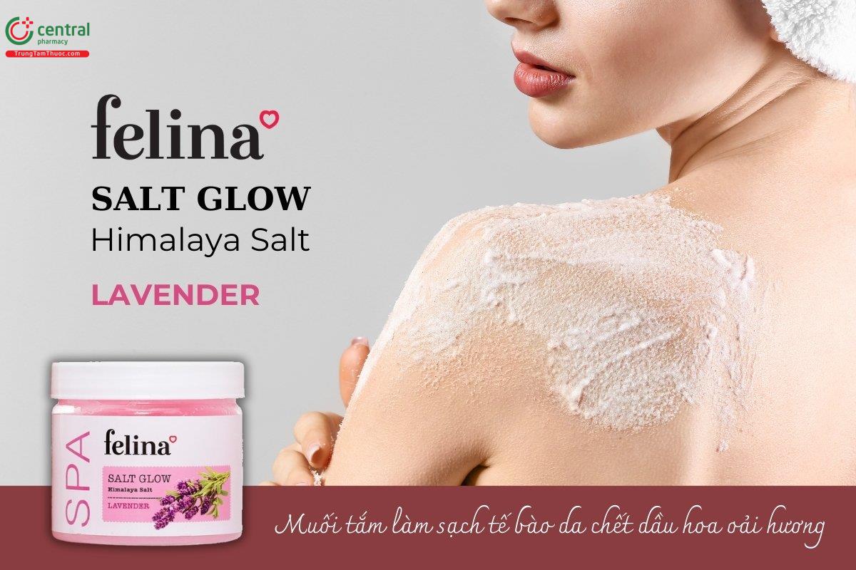 Muối tắm Felina SALT GLOW LAVENDER chứa muối hồng Himalaya tự nhiên giúp loại bỏ tế bào da chết