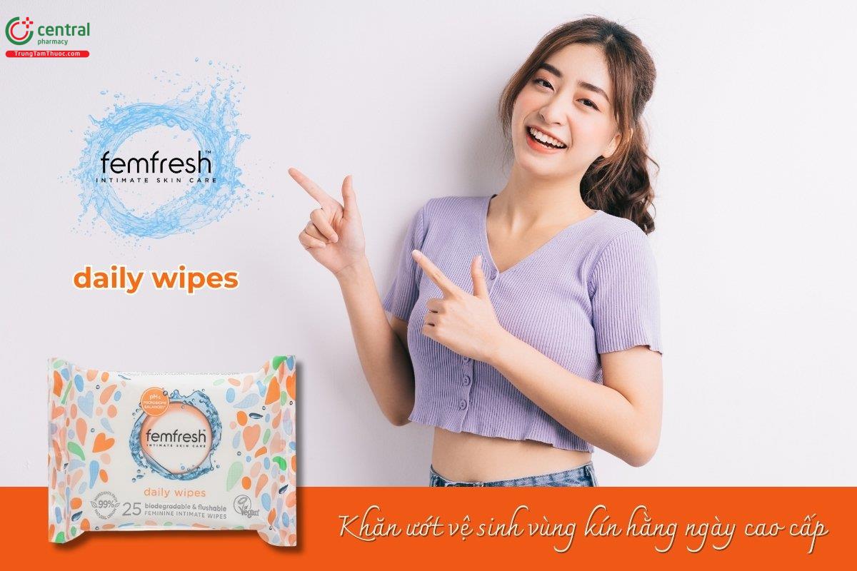 Khăn ướt vệ sinh vùng kín hằng ngày Femfresh với 99% thành phần có nguồn gốc tự nhiên, sản phẩm hỗ trợ làm sạch, khử mùi, kháng khuẩn, kháng viêm và nuôi dưỡng làn da. 