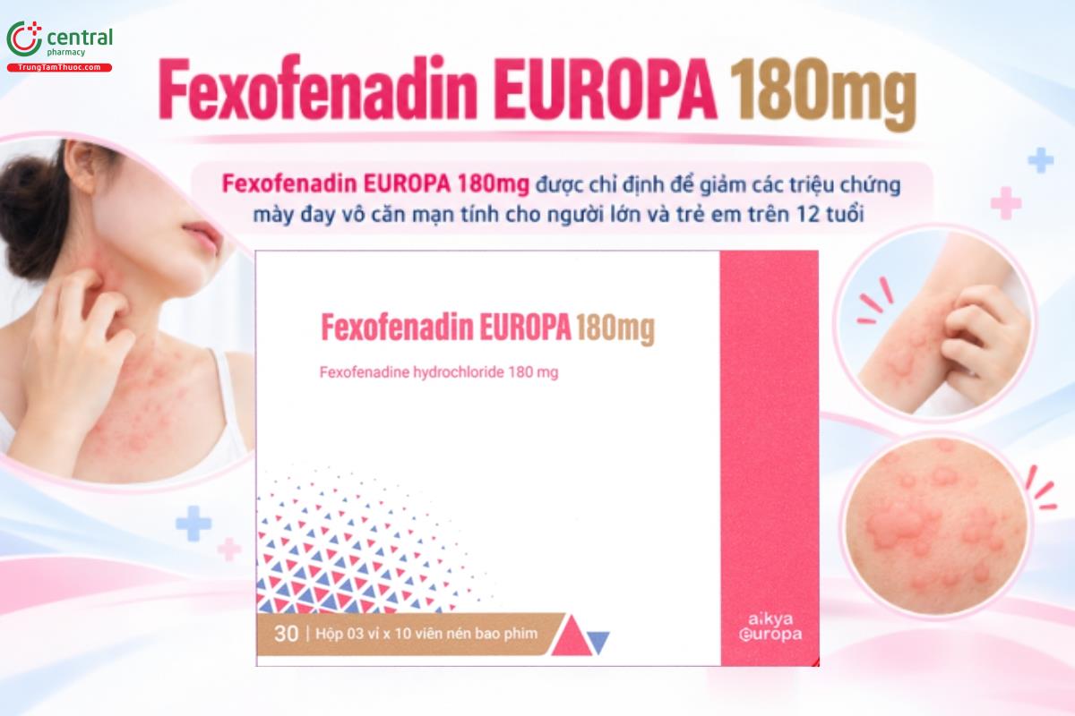 Thuốc Fexofenadin EUROPA 180mg được chỉ định để giảm các triệu chứng mày đay vô căn mạn tính cho người lớn và trẻ em trên 12 tuổi