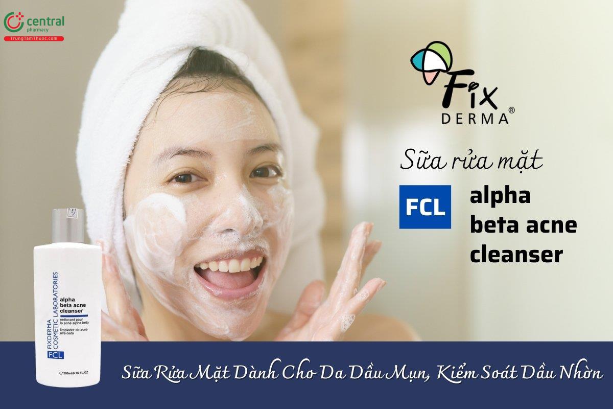 Sữa Rửa Mặt Fixderma FCL Alpha Beta Acne Cleanser giúp loại bỏ bụi bẩn, làm sạch da và thông thoáng lỗ chân lông, hỗ trợ giảm thiểu và ngăn ngừa mụn trứng cá, mụn đầu đen.