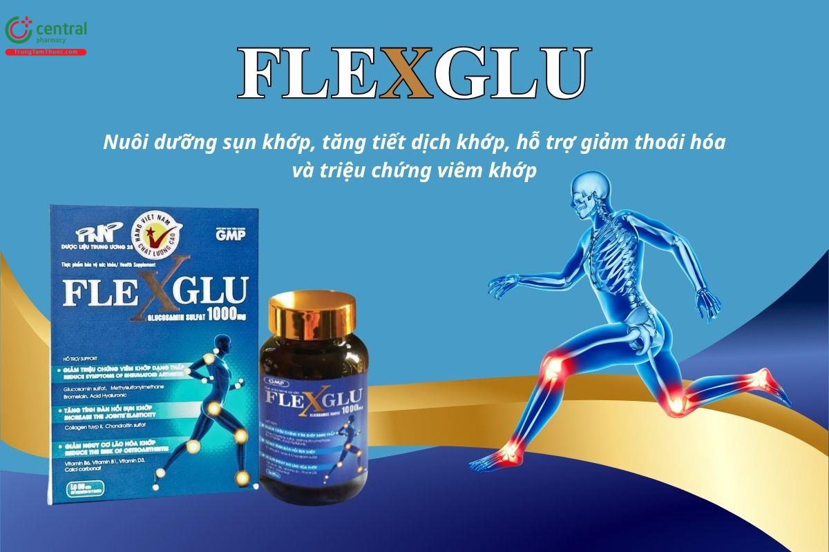 Flexglu hỗ trợ nuôi dưỡng sụn khớp, giúp tăng tiết dịch khớp, giảm thoái hóa và triệu chứng của viêm khớp