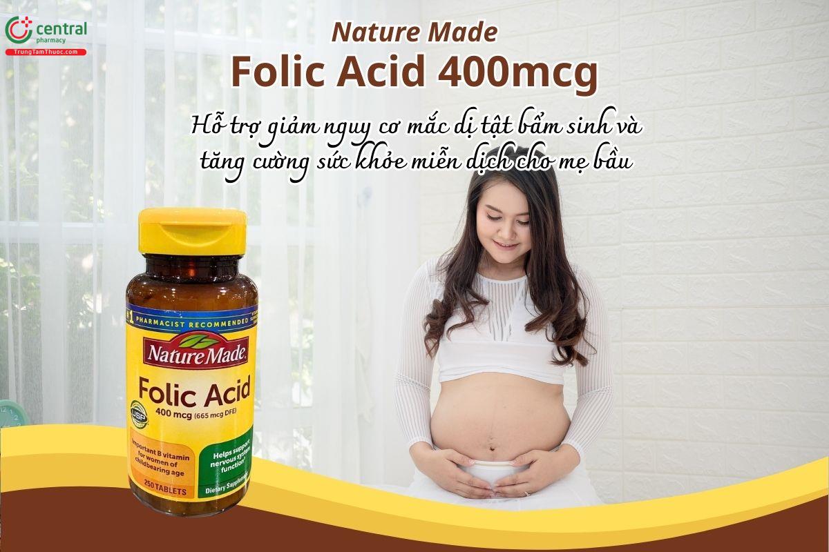 Folic Acid 400mcg Nature Made giúp giảm nguy cơ mắc dị tật bẩm sinh và tăng cường sức khỏe miễn dịch cho mẹ bầu