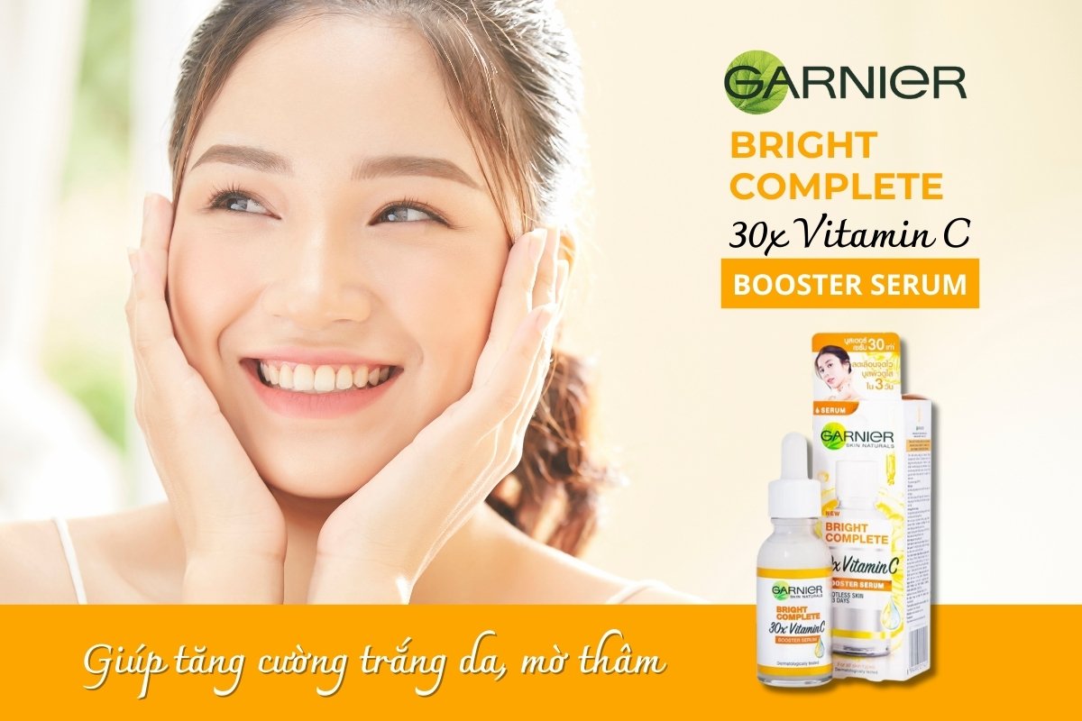 Tinh chất dưỡng sáng da Garnier Bright Complete 30x Vitamin C Booster Serum được thiết kế với công thức chứa vitamin C đậm đặc gấp 30 lần giúp da trông sáng hơn và hỗ trợ làm mờ vết thâm nám.